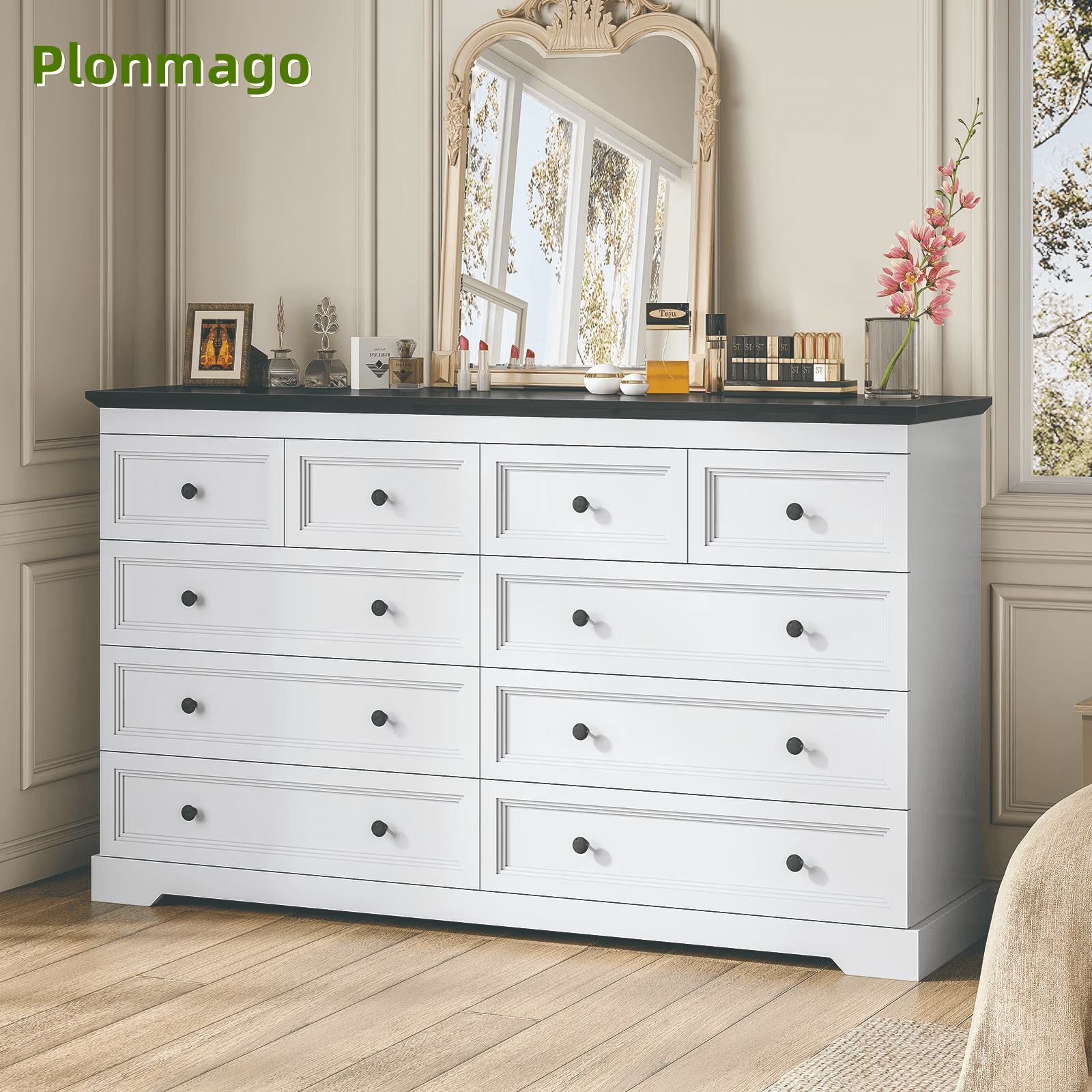 Plonmago 10 Drawers Dresser, 55" Large Drawers Dresser for Bedroom, Wood Dressers & Chest of Drawers for Living Room,White