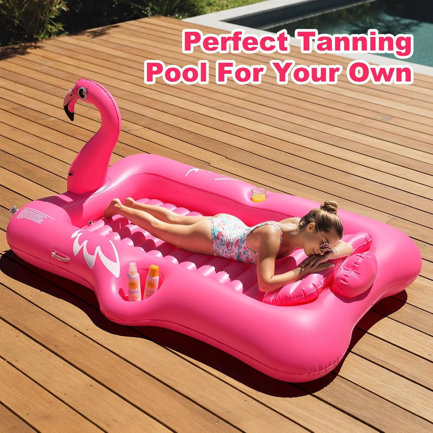 HeySplash Inflatable Tanning Pool, Flamingo Tanning Pool Lounger with Cup Holder, Floaties for Adults, Inflatable Pools Floats with Dual Handles Detachable Pillow for Beach Summer