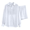 thumbnail image 4 of Cagogo Women's 2 Piece Striped Casual Set V Neck Long Sleeve Top Elastic Waisted Shorts Summer Outfits Lounge Travel Clothes Matching Two Piece, White S, 4 of 5