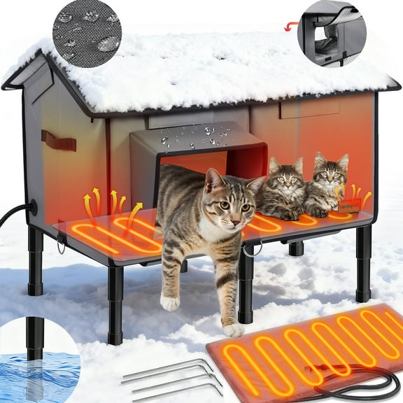 Upgraded Indestructible Cat House for Outdoor Cat in Winter with Safe Escape Door, Gable Roof Design,100% Weatherproof, Insulated Outdoor Cat Shelter with Soft Heater for Feral Barn Cat Kitty