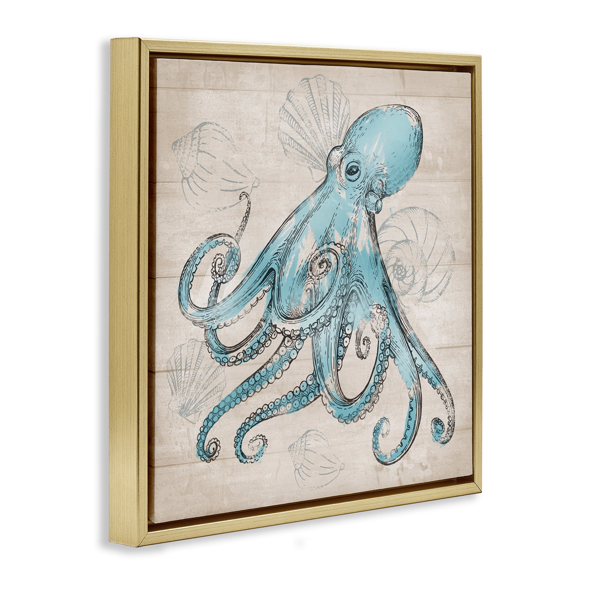 Stupell Industries Vintage Drawn Octopus Animals Painting Gold Floater Framed Canvas Art Print Wall Art, 25 x 25