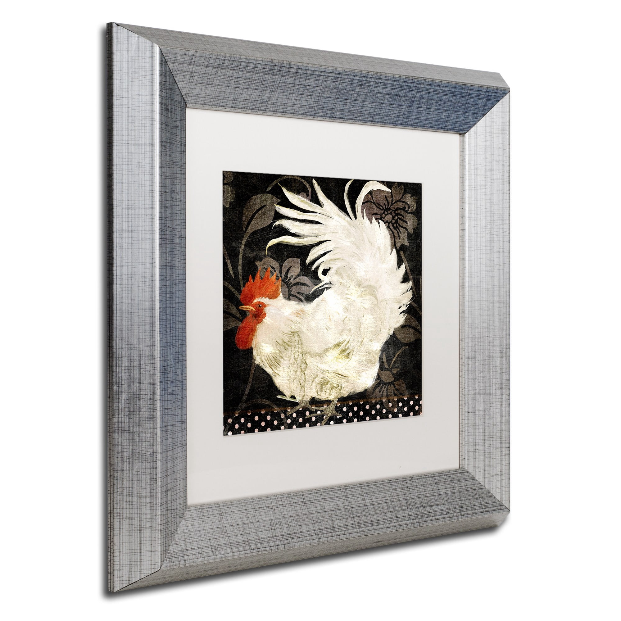 Trademark Fine Art "Rooster Damask I" Canvas Art by Color Bakery White Matte, Silver Frame