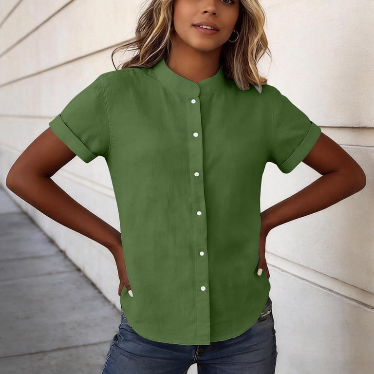VNKIDY Womens Stand Collar Rolled Short Sleeve Solid Color Button