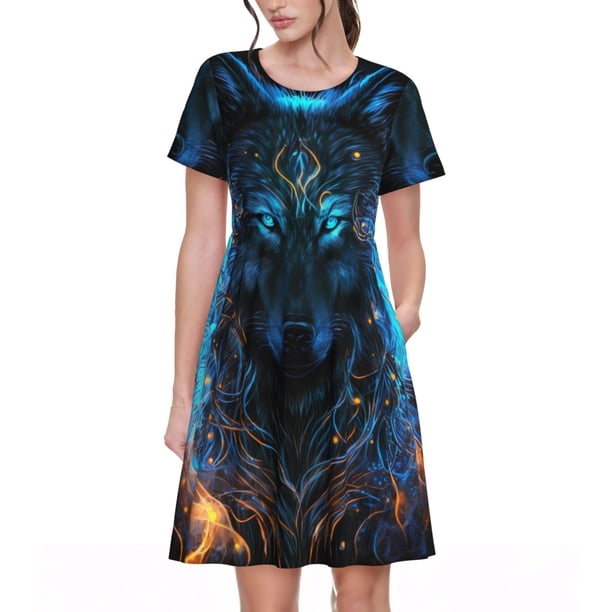 Easygdp Cool Blue Light Wolf para Vestido Transpirable de Mujer, Vestido Suelto de Manga Corta con Pliegues y Bolsillos para el Verano