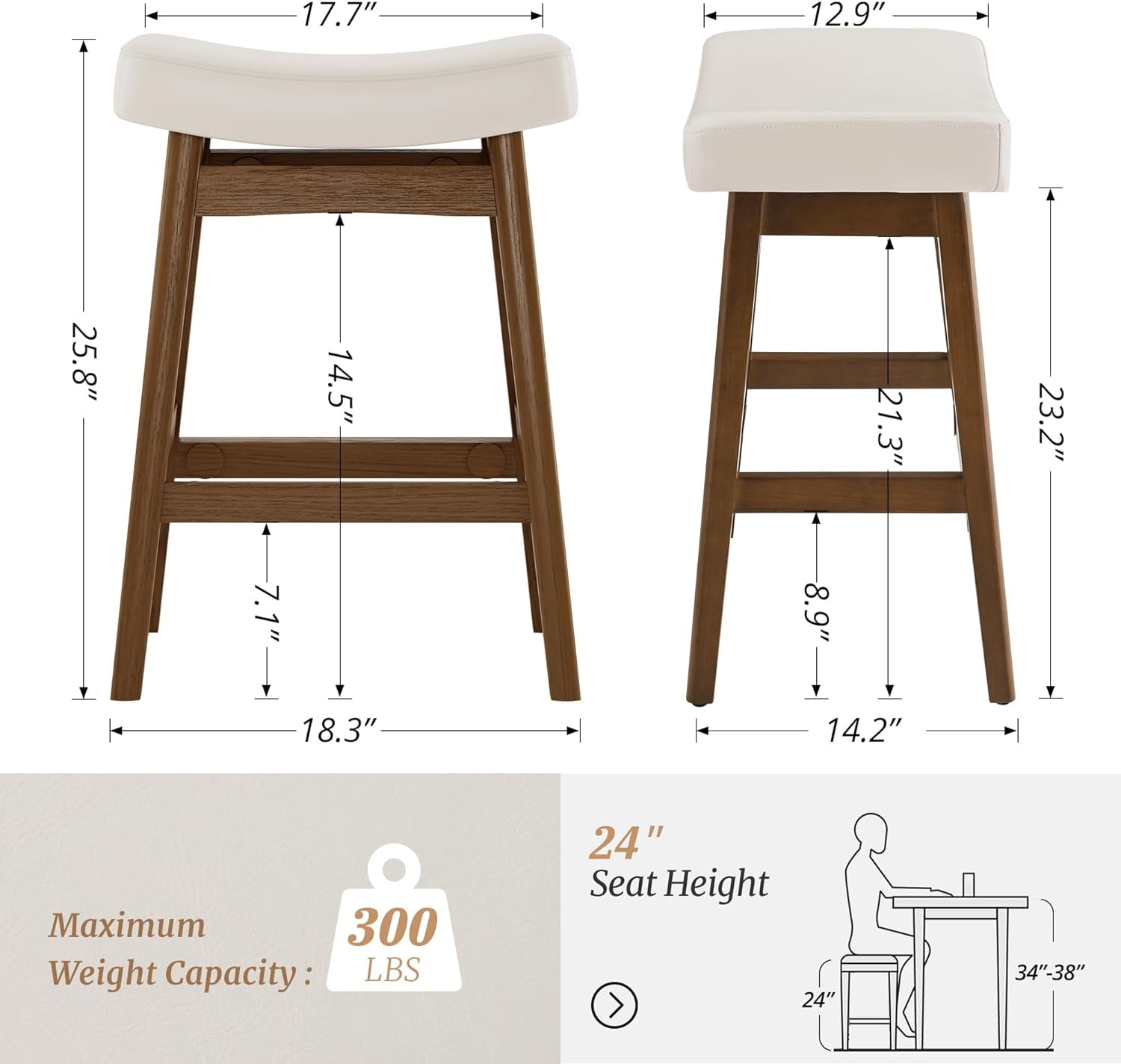 Dycanpo Saddle Seat Counter Height Bar Stools Set of 3 for Kitchen, Dining, 24in, Antique White-Faux Leather