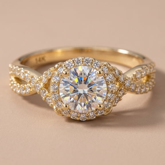 Vinali 14K Solid Yellow Gold Twist Halo Engagement Ring for Women - 0.84ct Round Center Stone - Size 5