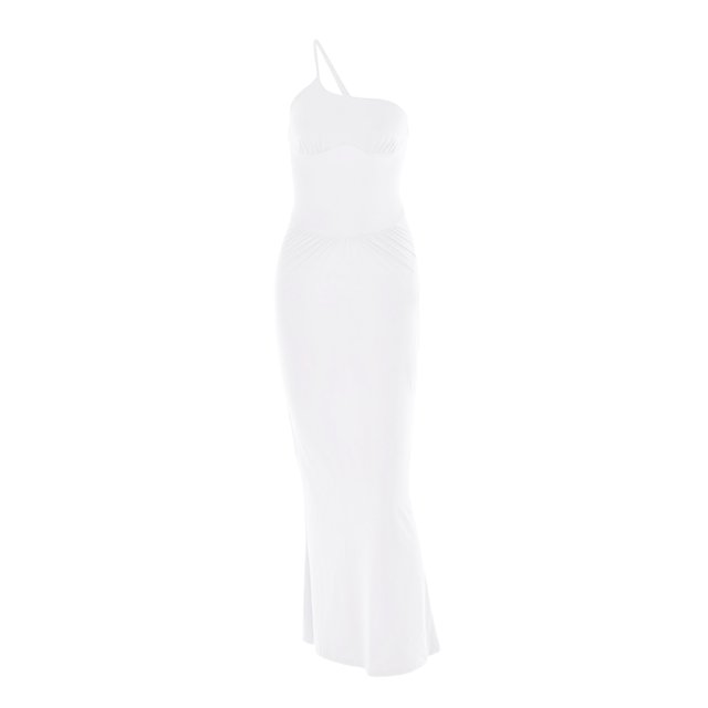 VISgogo Vestido de mujer sin mangas de color sólido, un hombro Correa de espagueti Sin espalda Ruched Skinny Fit Long Club Party One-Piece VISgogo moda