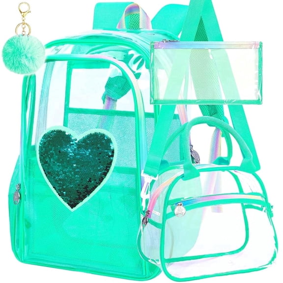 Fresh Green Girls Clear Backpack Set – Reversible Sequin Transparent Bookbag with Rainbow Strap, Heavy Duty 17" See Through School Bag & Pouch