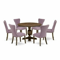 East West Furniture 7 Piece Table Set Consists of a Kitchen Table and 6 Dahlia Linen Fabric Dining Chairs with Button Tufted Back - Distressed Jacobean Finish