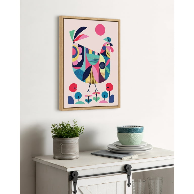Kate and Laurel Sylvie Mid Century Modern Wyandotte Framed Canvas Wall Art  by Rachel Lee of My Dream Wall, 18x24 Natural, Colorful Animal Art for Wall