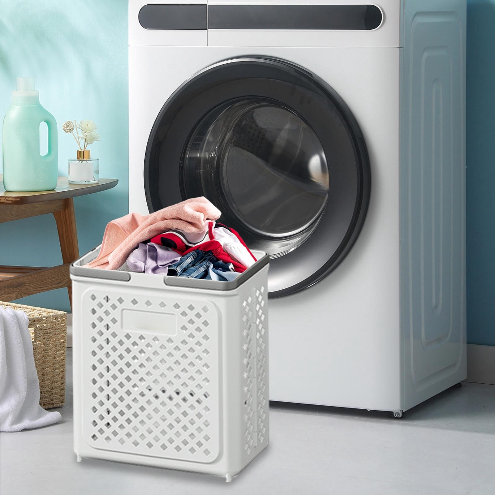 Bxaolu 30L Slim Laundry Hamper, Clothes Basket with Handles, Plastic, 14"L x 7.48"W x 17.5"H, White