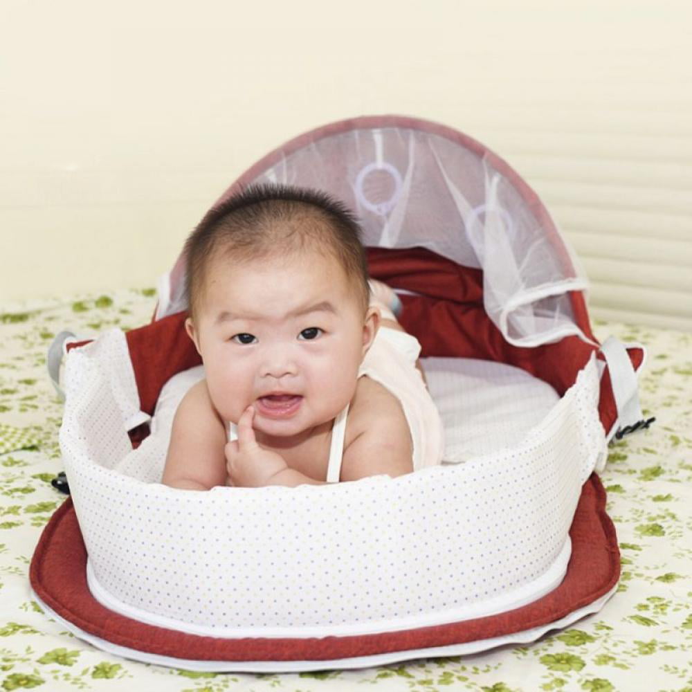 Cartoon Doodle New Upgraded Foldable Baby Bed Surpcos 4 in 1 Portable Bassinet Infant Sleeper with Awning and Mosquito Net 