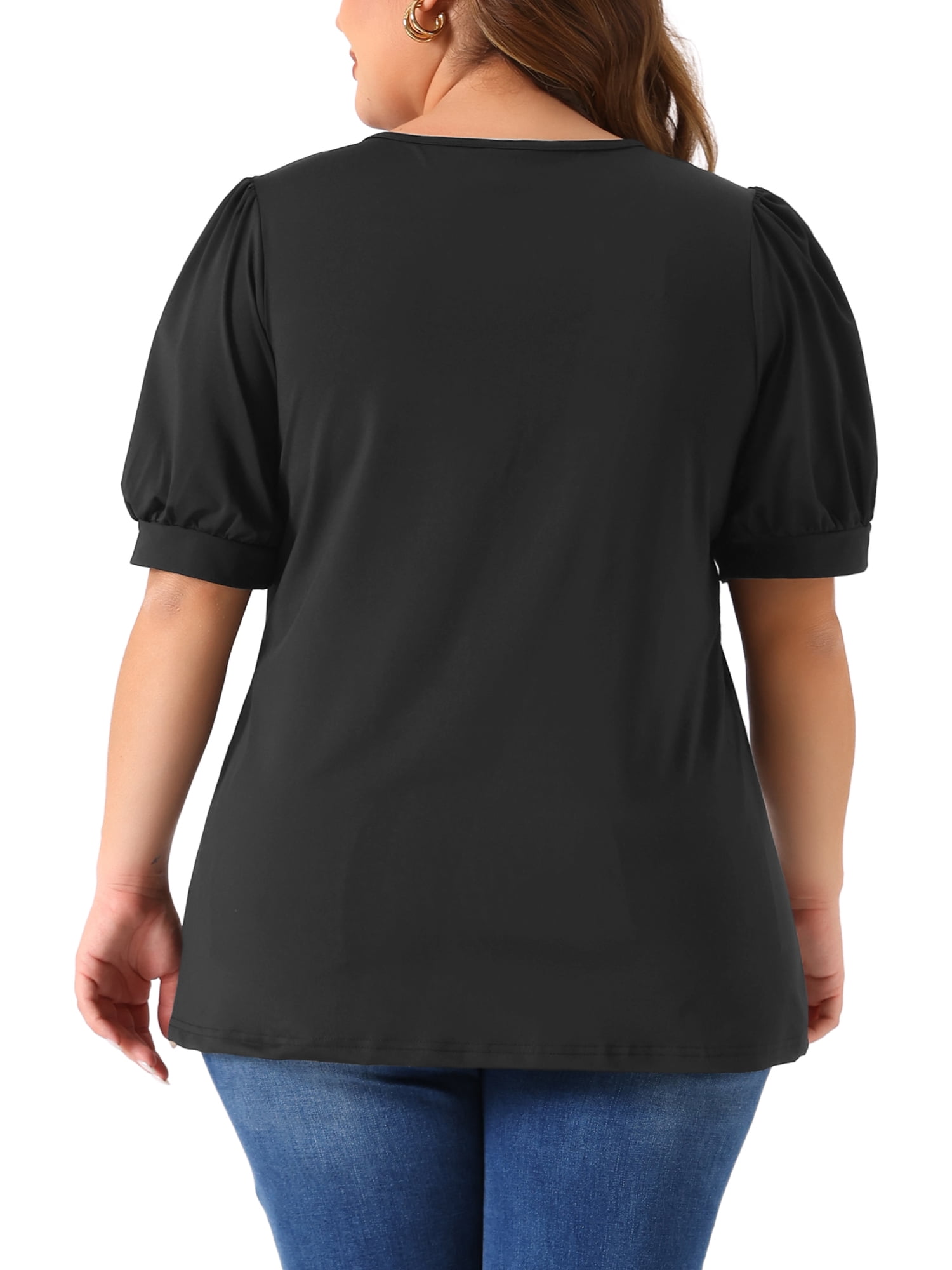 Women's Plus Top Puff Short Sleeve Tops Crew Neck Pleated Shirts Tunic Blouses 3X Black