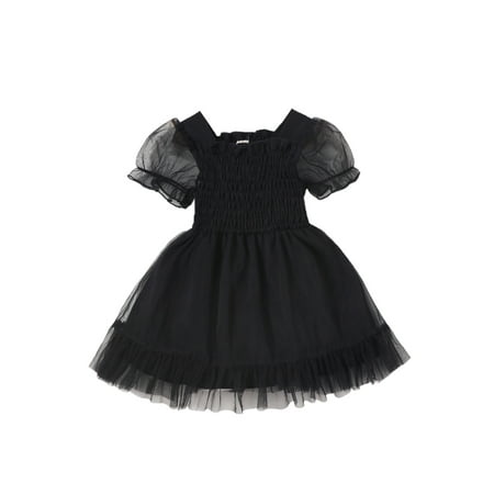 

Calsunbaby Kids Toddler Baby Girls Princess Dress Short Puff Sleeve Solid Color Frill Trim Smocked Dress Clothes Black 3 Years