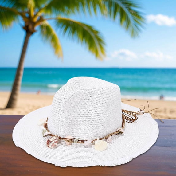 Women’s Straw Sun Hat Frayed Brim With Shell Band Bohemian Style Beach Outdoor Hat
