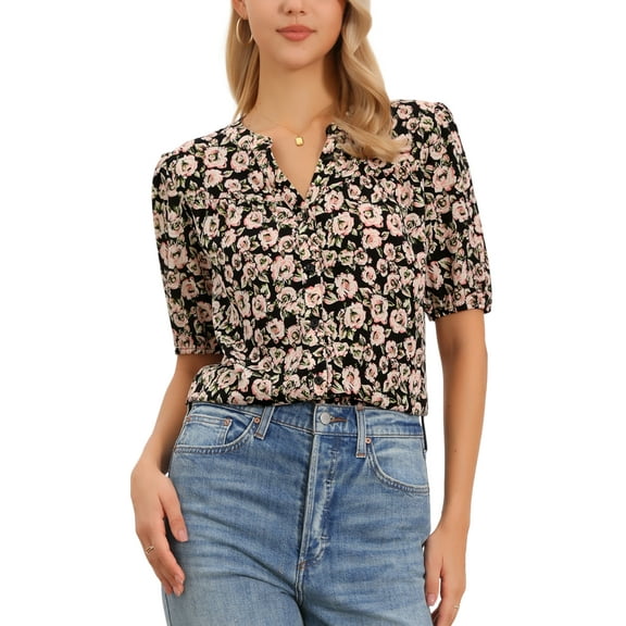 Boho Floral Blouse for Women's Button Up V Neck Dressy Casual Short Sleeve Tops L Black