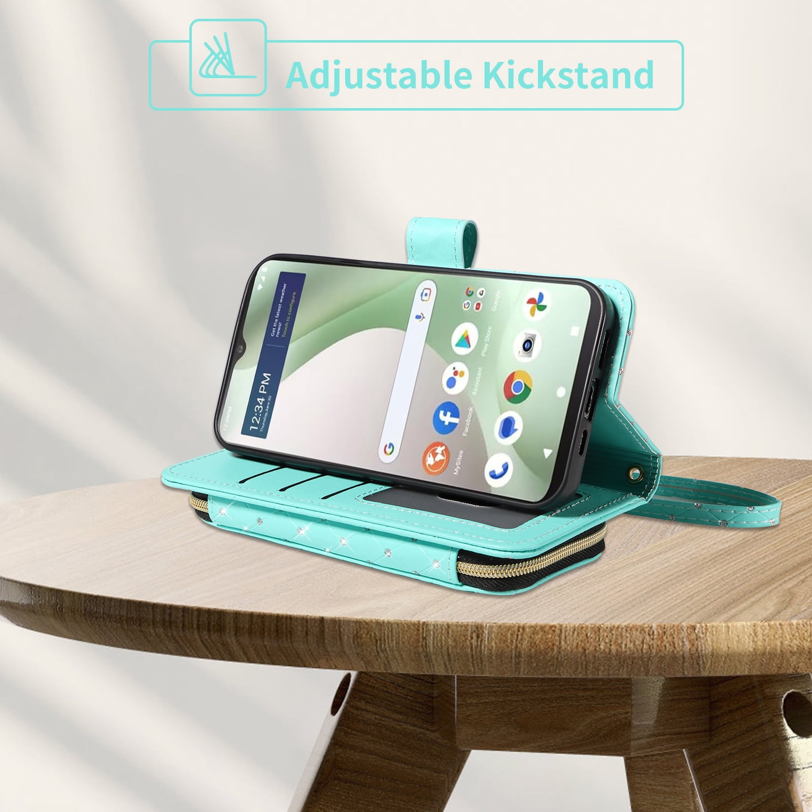 Compatible with Tracfone BLU View 5 B160V Wallet Phone Case Tempered Glass Screen Protector Bling Crossbody Lanyard Strap Flip Zipper Purse Card Holder Cell Cover for BLUE View5 160V 2024 Women Green