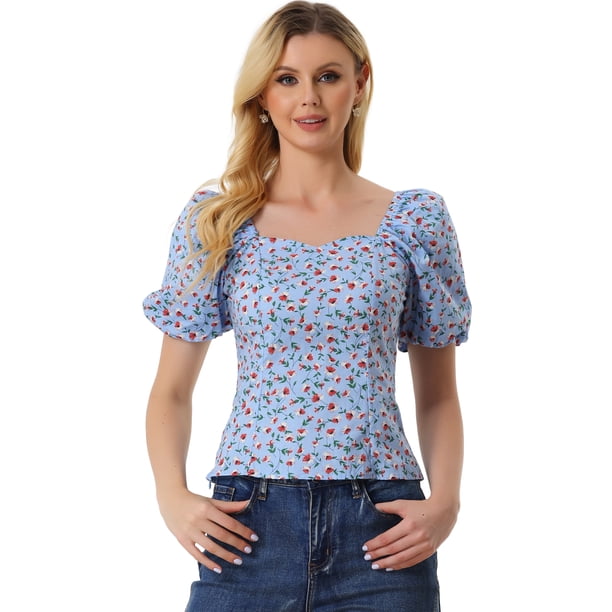 Top Florales Estilo Campesino Con Mangas Abullonadas Y Cuello En Forma De Corazón De Pradera Para Mujer Azul Claro M