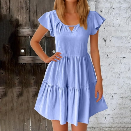 Ftwytp Women s Fashionable Summer Casual Color Blocking Short Sleeved Round Neck Dress 1950s Dress Short Sleeve V-Neck Dress Bustier Lingerie Corset Top Steampunk Skirt Blue