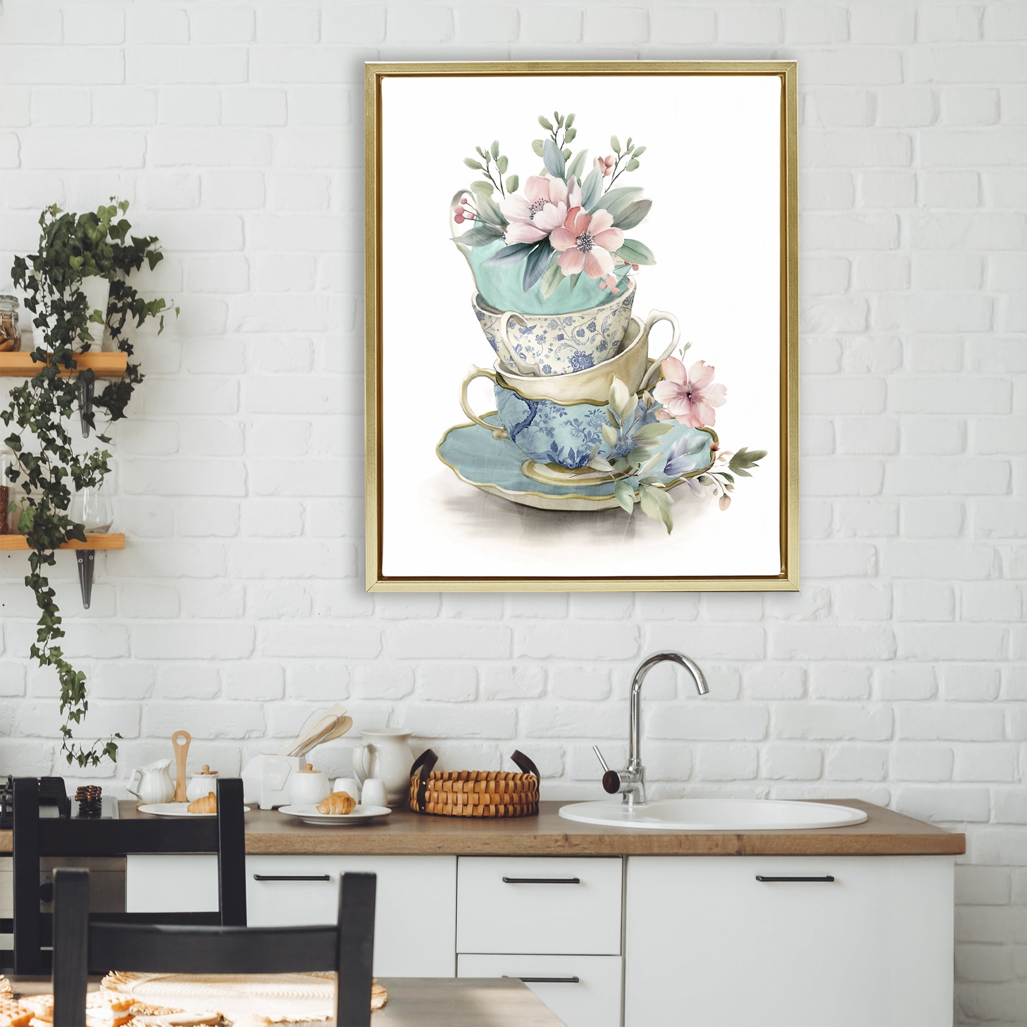 Stupell Industries Tea Cup Chinoiserie Blossoms Gold Framed Floater Canvas Wall Art, design by Kim Allen
