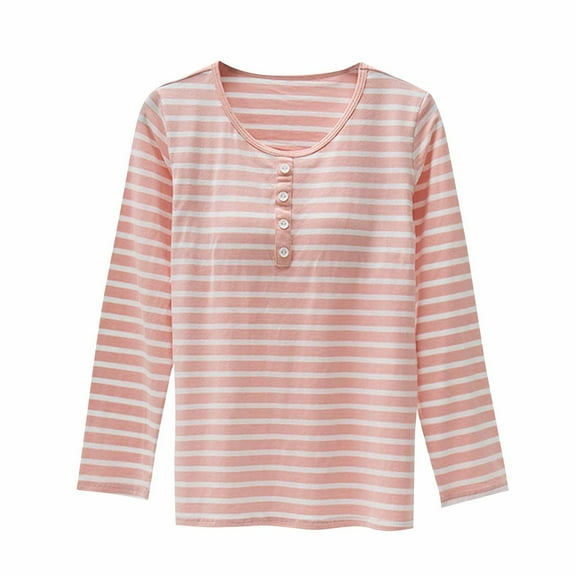 JIUKE Pajama Top for Women Striped Long Sleeve Shirts Crew Neck Casual Loose Pjs Tee Tops with Built in Bra