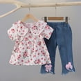 thumbnail image 2 of Bovxnpu Toddler Girls Clothes, Short Sleeve Shirt Top Flare Denim Jeans, Little Flower Print Casual Shirt Set Short Short Sleeve And Jeans Lapel Sets 5-6 Years, 2 of 5