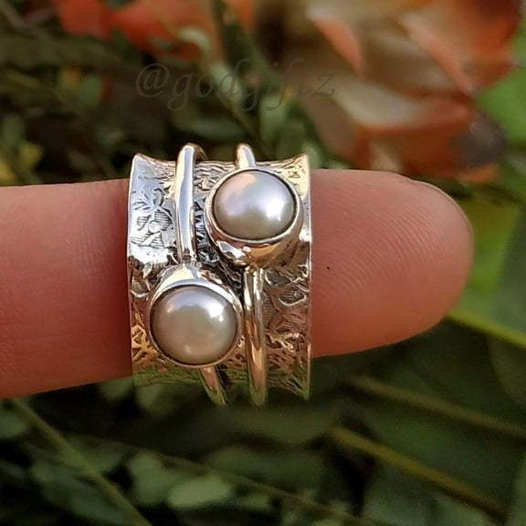 Sterling Silver Pearl Spinner Ring: Textured Fidget Jewelry