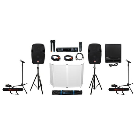 DJ Package w/ 12" Speakers+Subwoofer+Bluetooth Amp+Facade+Mics+Stands+Cables+Bag