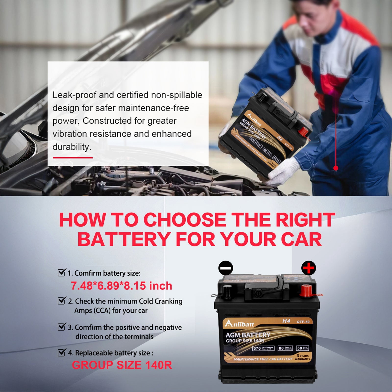 Anlibatt Platinum AGM Group 140R Battery, 12 Volt Rechargeable Automotive Batteries for Car, H4 570CCA 50Ah 80RC