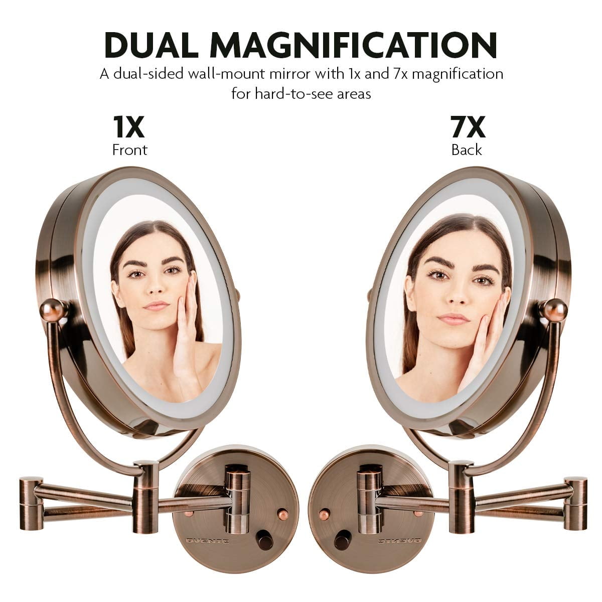 OVENTE Wall Mounted Lighted Makeup Vanity Mirror, 9" Hard Wired Double Sided 1X/7X Magnifying Bathroom Mirror, Dimmable LED Lights, 360° Rotation and 14" Extendable Arm, Antique Brass MPWD3185AB1X7X