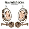 thumbnail image 2 of Ovente 8.5'' Hardwired Lighted Wall Mount Makeup Mirror, 1X & 7X Magnifier w/ Dimmer Switch, Spinning Double Sided Round White LED, Extend & Fold, Retractable Arm, Antique Brass MPWD3185AB1X7X, 2 of 8