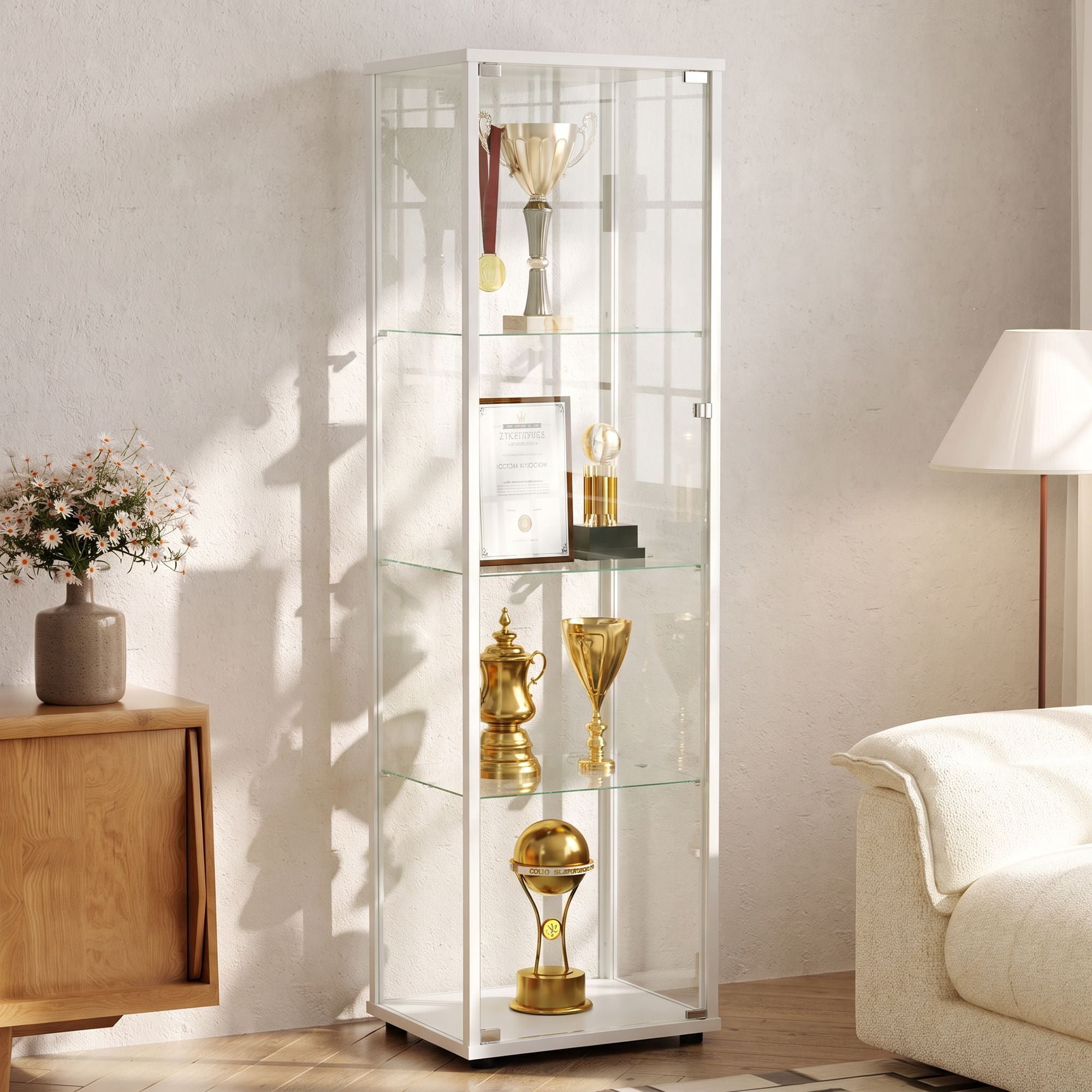 Clarvion 64" Display Cabinet with Glass Door, 4-Tier Tempered Glass Curio Cabinet, Single Door Display Case for Collectibles, White