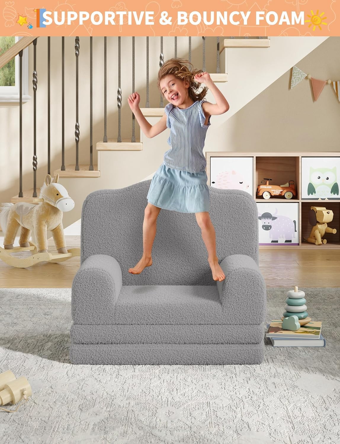 Kids Couch, 2-in-1 Convertible Teddy Fleece Fabric Toddler Sofa Chair, Soft Fold Out Couch Lounger for Kids, Comfy Children's Sofa Bed for Playroom, Nursery, Birthday Gift (Gray Crown)