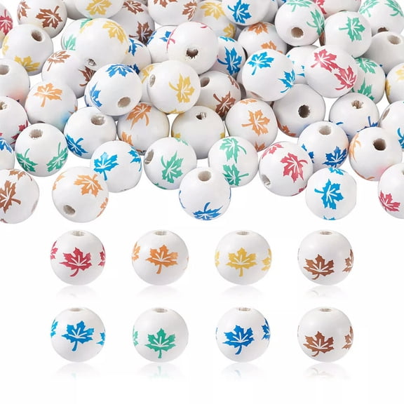 GKNET 70Pcs 16mm Round Maple Leaf Pattern Wood Beads White with Colorful Printed