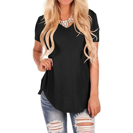 - Womens Casual Curved Hem Long Sleeve T Shirt V Neck Side Slit Blouse