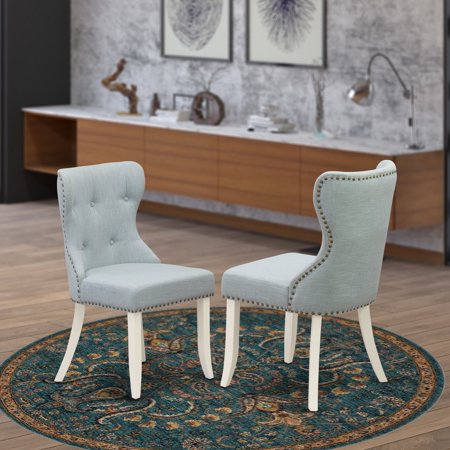 HomeStock Eclectic Elegance 2 Parson Chairs- Dining Room Chair Includes Linen White Solid Wood Structure With Baby Blue Linen Fabric Seat With Nail Head And Button Tufted Back