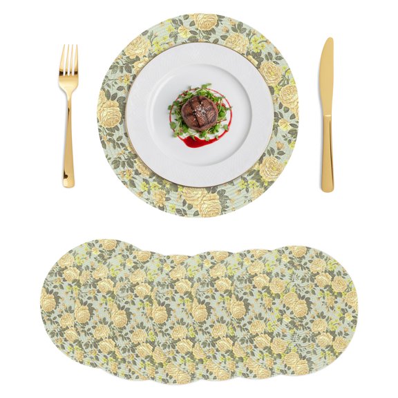 Round Placemats Yellow Camellia Floral 15 inch Set of 6 Table Mats for Dining Table Vintage Flowers Heat Resistant Non-Slip Kitchen & Home Decorative Place Mat Set