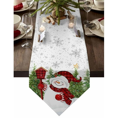 

Table Runner Dresser Scarves Christmas Winter Cute Snowman Cotton Linen Burlap Table Cover Xmas Tree Snowflake on White Table Runners for Family Kitchen Dining Holiday Party Banquet Decor