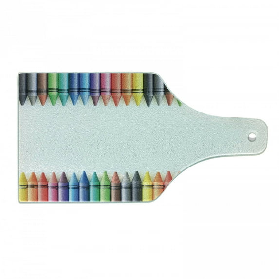 Crayon Cutting Board, Top and Bottom Symmetric Straight Border Children's Painting Crafts Simple Photo, Decorative Tempered Glass Cutting and Serving Board, in 3 Sizes, by Ambesonne