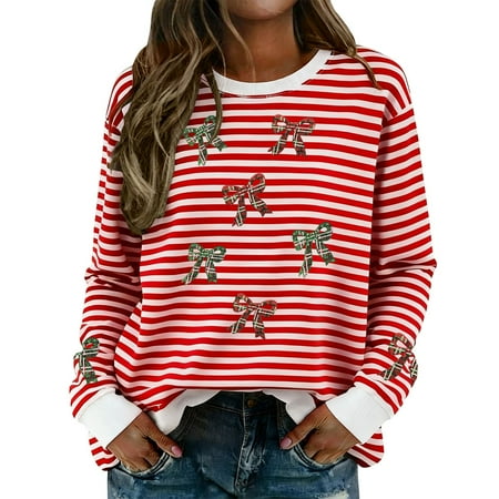 Arlun Striped Letter Print Casual Crewneck Sweatshirts for Women Fashionable Loose Fit Long Sleeve Pullovers Lightweight Soft Comfortable for Everyday Wear and Outfits 4-Red L