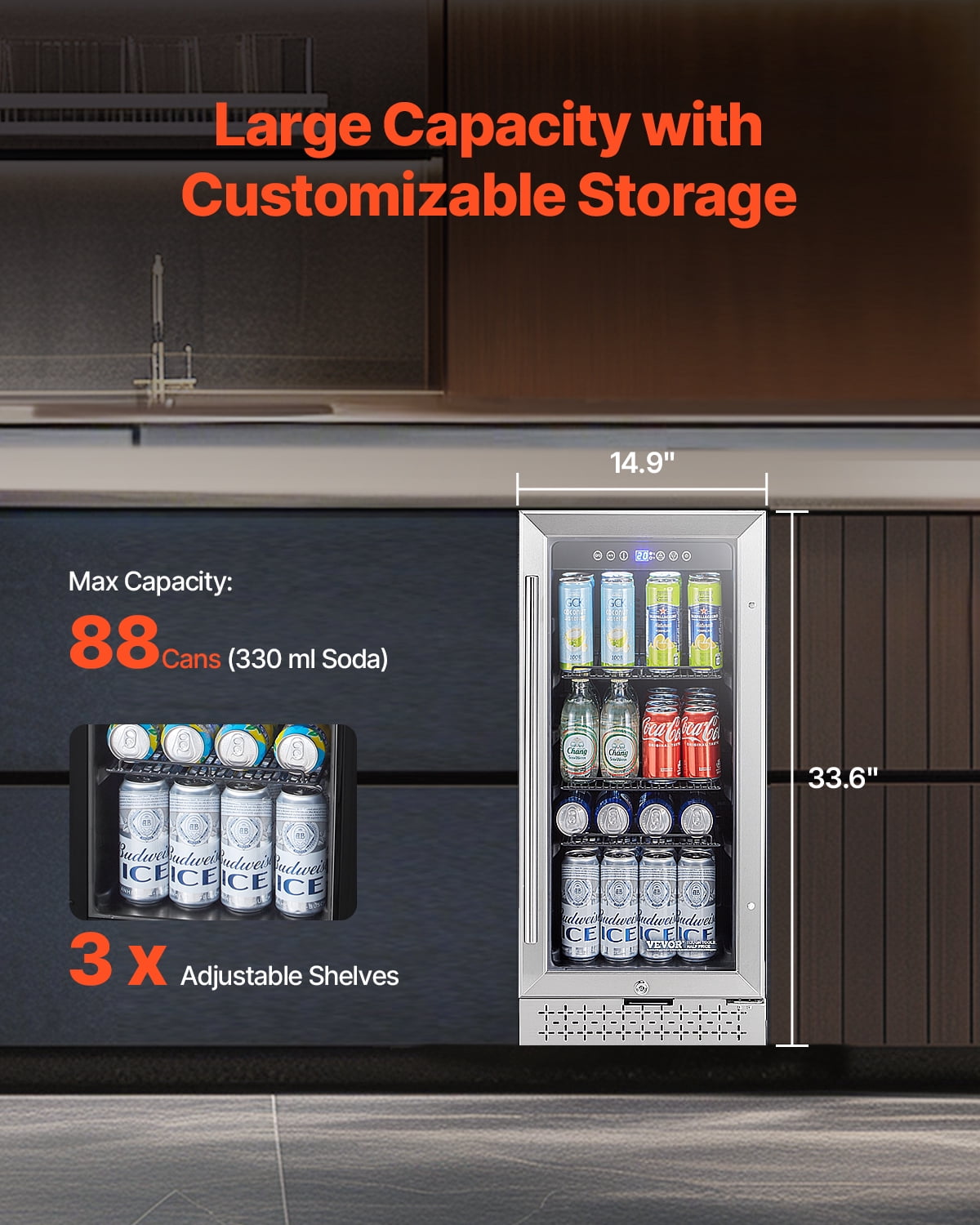 VEVOR Beverage Refrigerator Cooler,88 Can Beverage Fridge,Mini Fridge with Glass Door, Adjustable Shelves, Digital Temperature Control,Built-in or Freestanding Soda Beer Fridge for Home Office Bar