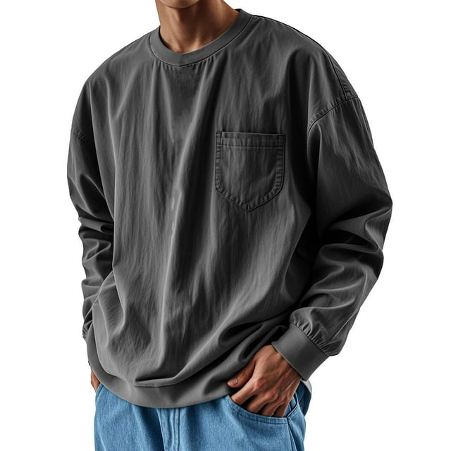 ylioge T-Shirts Grande Taille pour Hommes avec Poche Manches Longues Grande Taille P-4X T-Shirts Décontractés Chandail Col Rond Basique Chandails en Molleton Tops