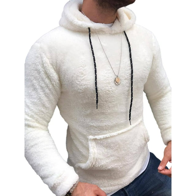 Fashnice Mens Sweatshirt Drawstring Hoodies Fleece Pullover Plain Winter Hooded Tops White XL