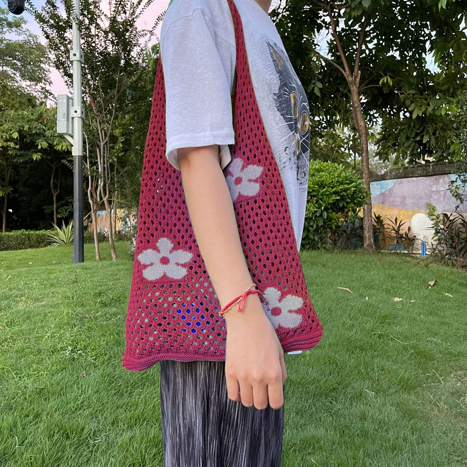 Stylago Crochet Mesh Shoulder Bags for Women Beach Tote Purses Summer Handbags for Ladies and Students Travel Shopping Pink