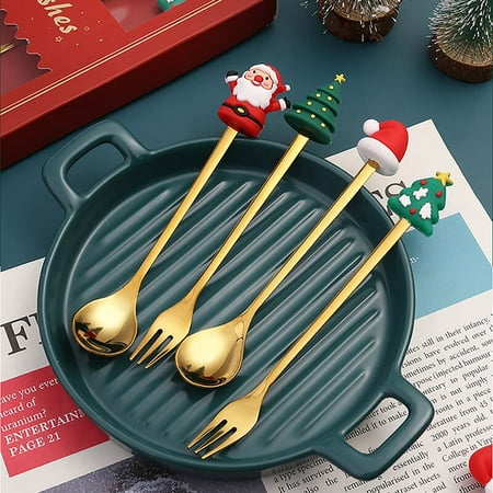 

kekafu 4PCS6PCS Christmas Gift Cutlery Spoon Fork Set Elk Tree Dessert Spoon Fruit Fork
