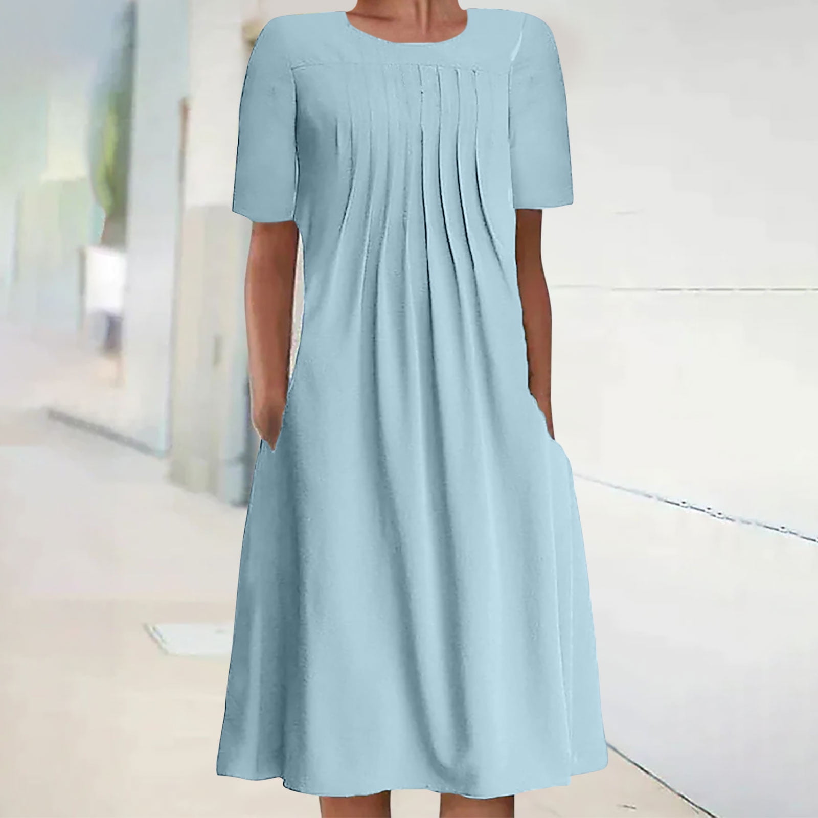 Pntutb Women Summer Dress 95% Polyester 5% Spandex O-Neck