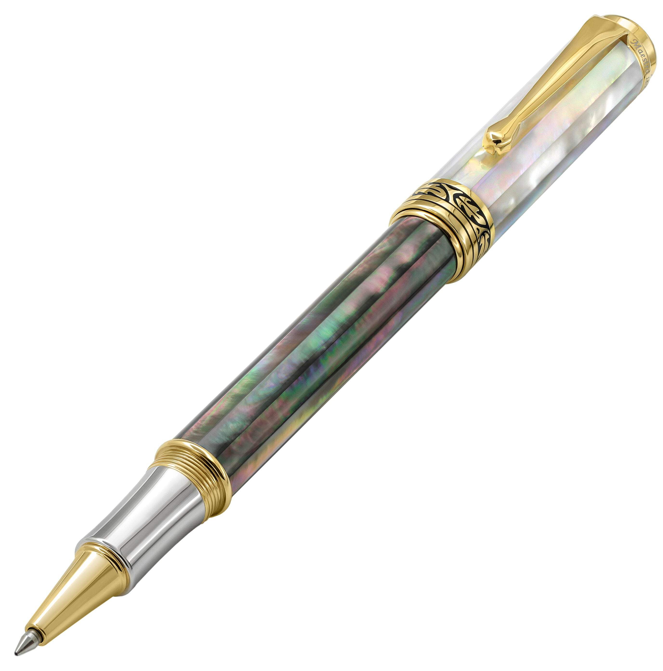 Xezo Xezo Maestro® Black and White Mother of Pearl Rollerball Pen - 18K Gold Plated