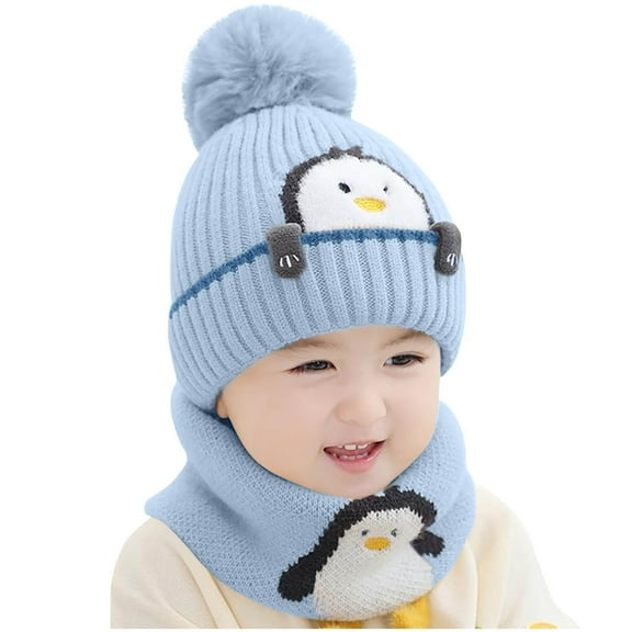 Blue Childrens Penguin Print Hat And Scarf Set With Wool Ball For Winter Warmth