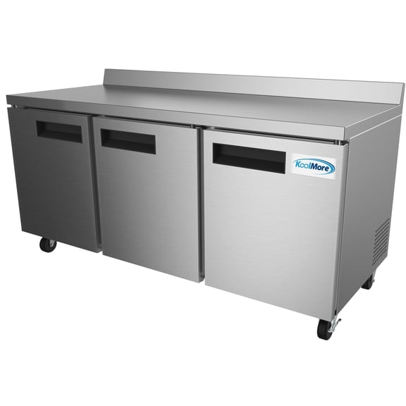 KoolMore 72" Stainless Steel 3 Door Worktop Commercial Refrigerator with 3 1/2 Backsplash - 16.9 cu.ft