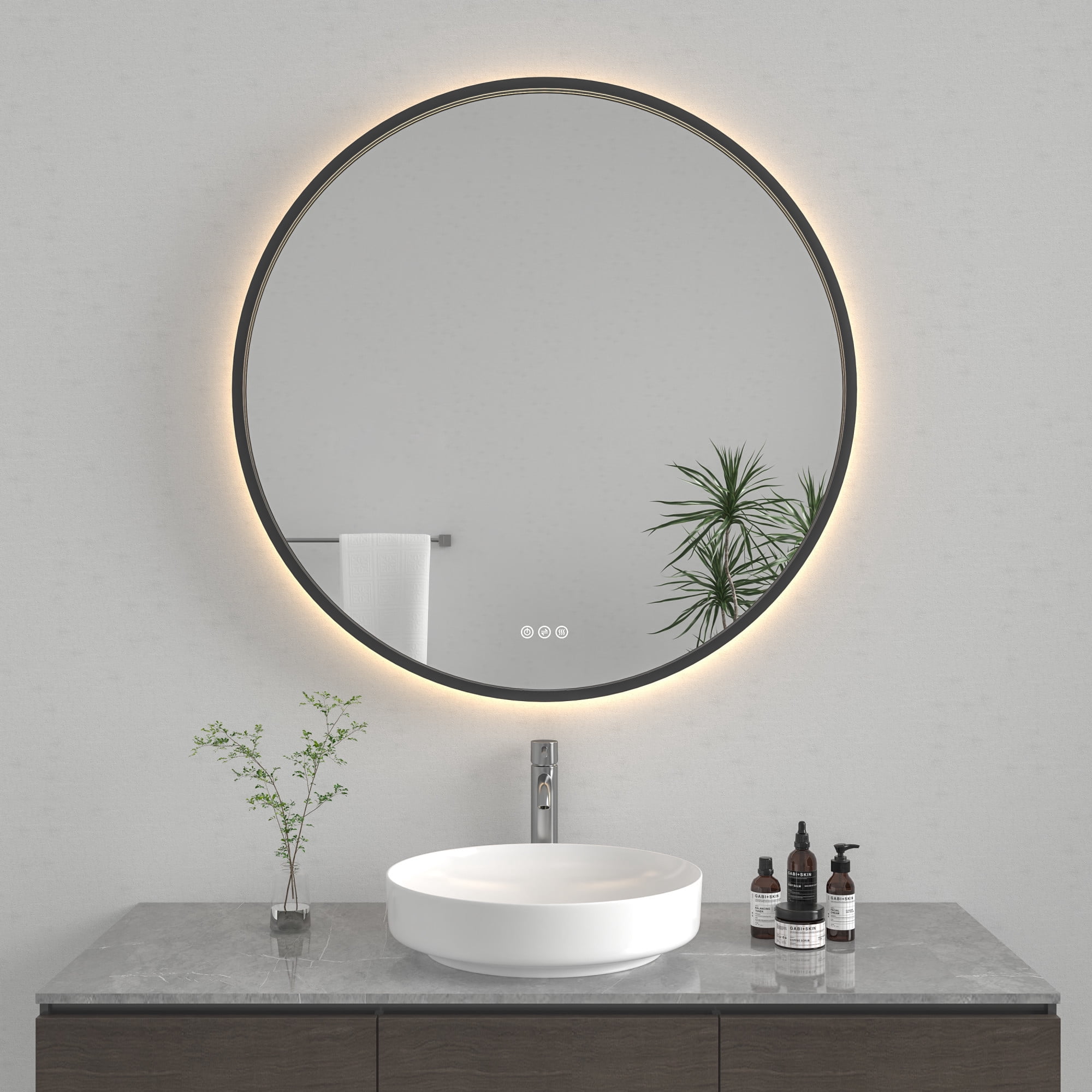 Kingston Brass MR1013636 Aurora 36-Inch Round LED Bathroom Mirror, Front and Back Light, Dimmable Touch Sensor Lighted Mirror in Silver/Gunmetal